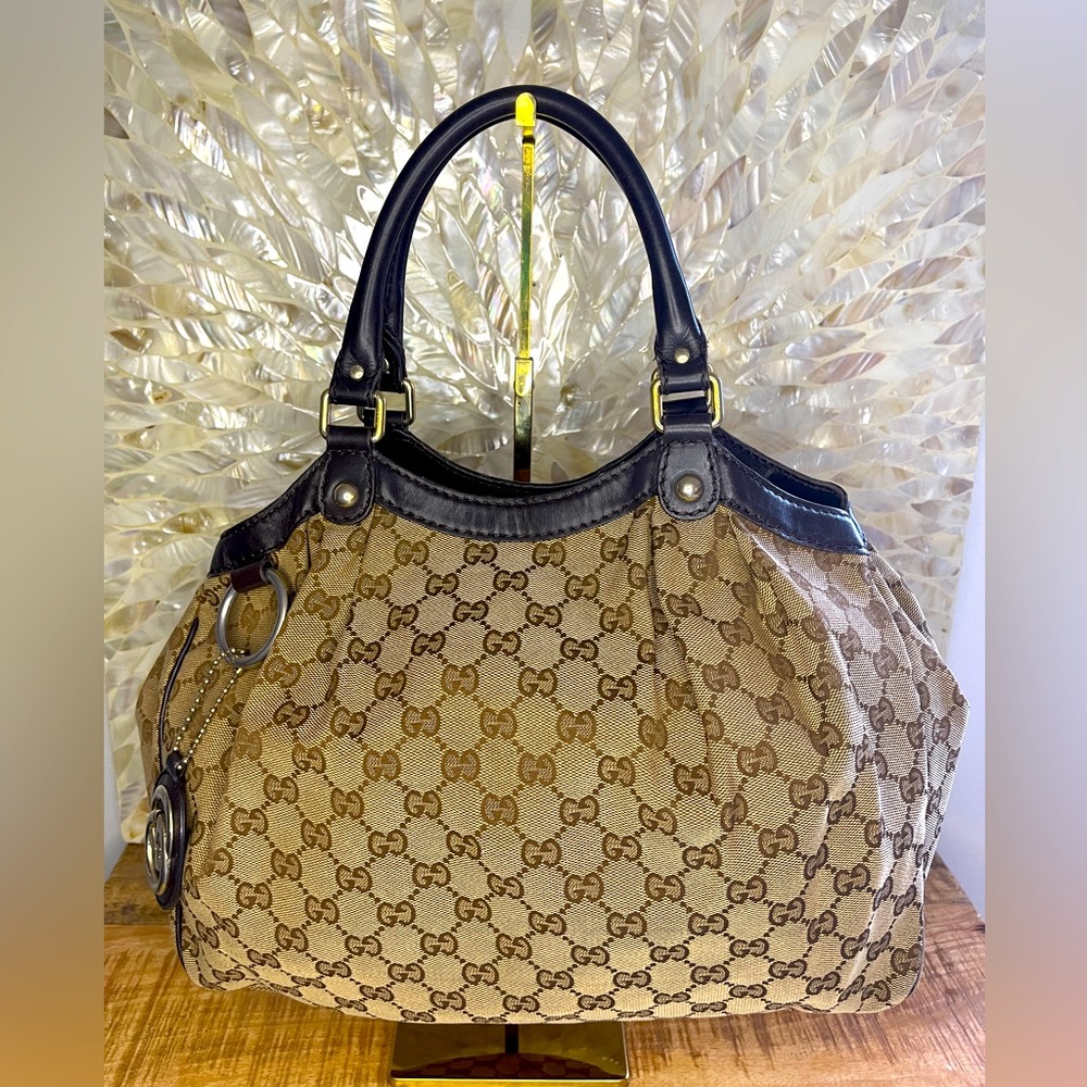 GUCCI Sukey Tote With Monogram Canvas Dark Brown Leather Trim Gold Tone Hardware
